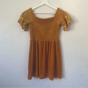 Urban Outfitters Orange Gold Babydoll Smocked Off the Shoulder Dress Size Medium